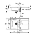 Grohe Eurosmart Döner Borulu Mutfak Bataryası ve Paslanmaz Çelik Eviye Seti (Sol Damlalıklı, 86x50 cm) - Teknik Çizim