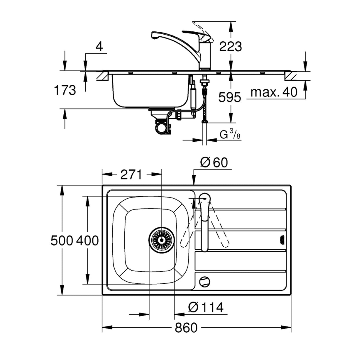 Grohe Eurosmart Döner Borulu Mutfak Bataryası ve Paslanmaz Çelik Eviye Seti (Sol Damlalıklı, 86x50 cm) - Teknik Çizim