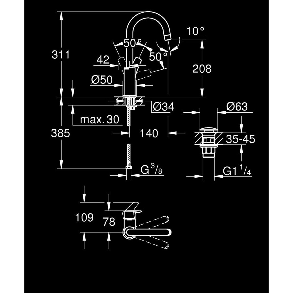 Grohe Eurosmart Lavabo Bataryası (L-Boy) - Teknik Çizim
