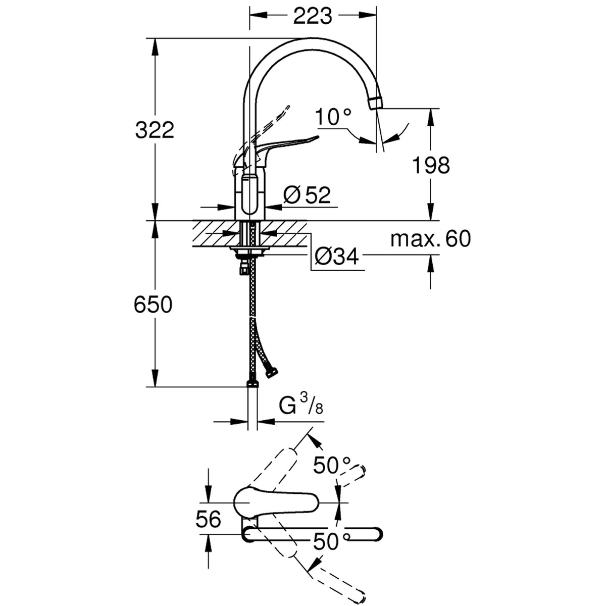 Grohe Euroeco Special Eviye Bataryası, Kuğu Borulu - Teknik Çizim