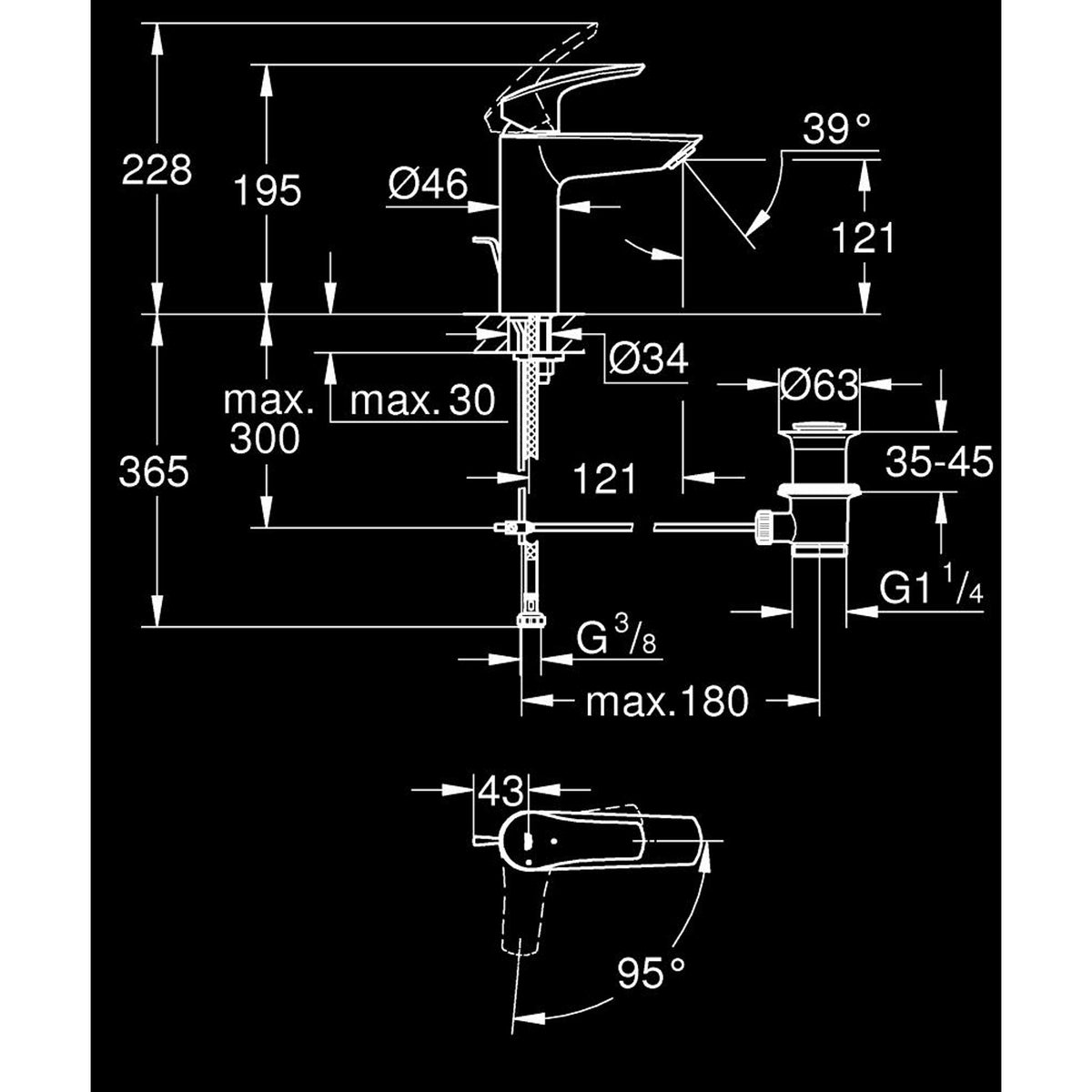 Grohe Eurosmart M-Boy Lavabo Bataryası, Sifon Kumandalı, Mat Siyah - Teknik Çizim