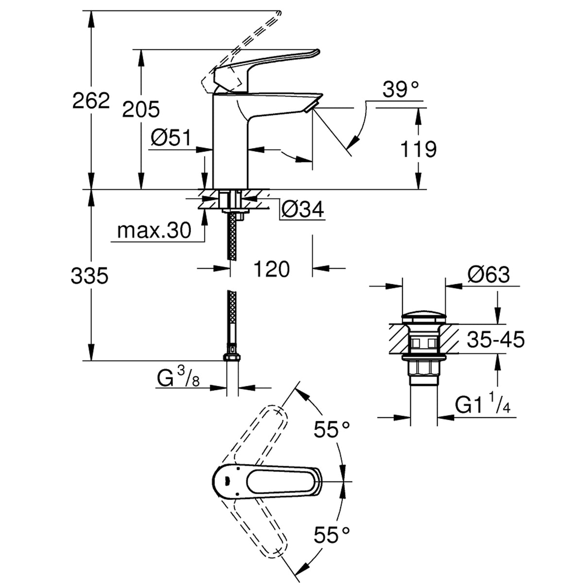 Grohe Eurosmart Lavabo Bataryası (M-Boy) - Teknik Çizim