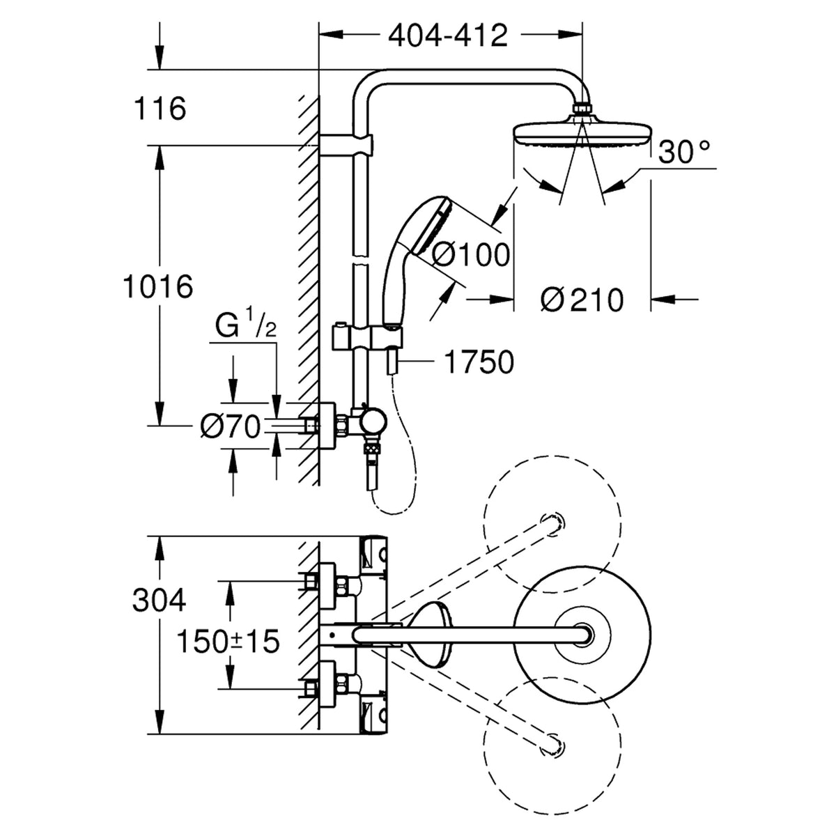 Grohe BauClassic System 210 Duvara Monte Termostatik Bataryalı Duş Kolonu - Teknik Çizim