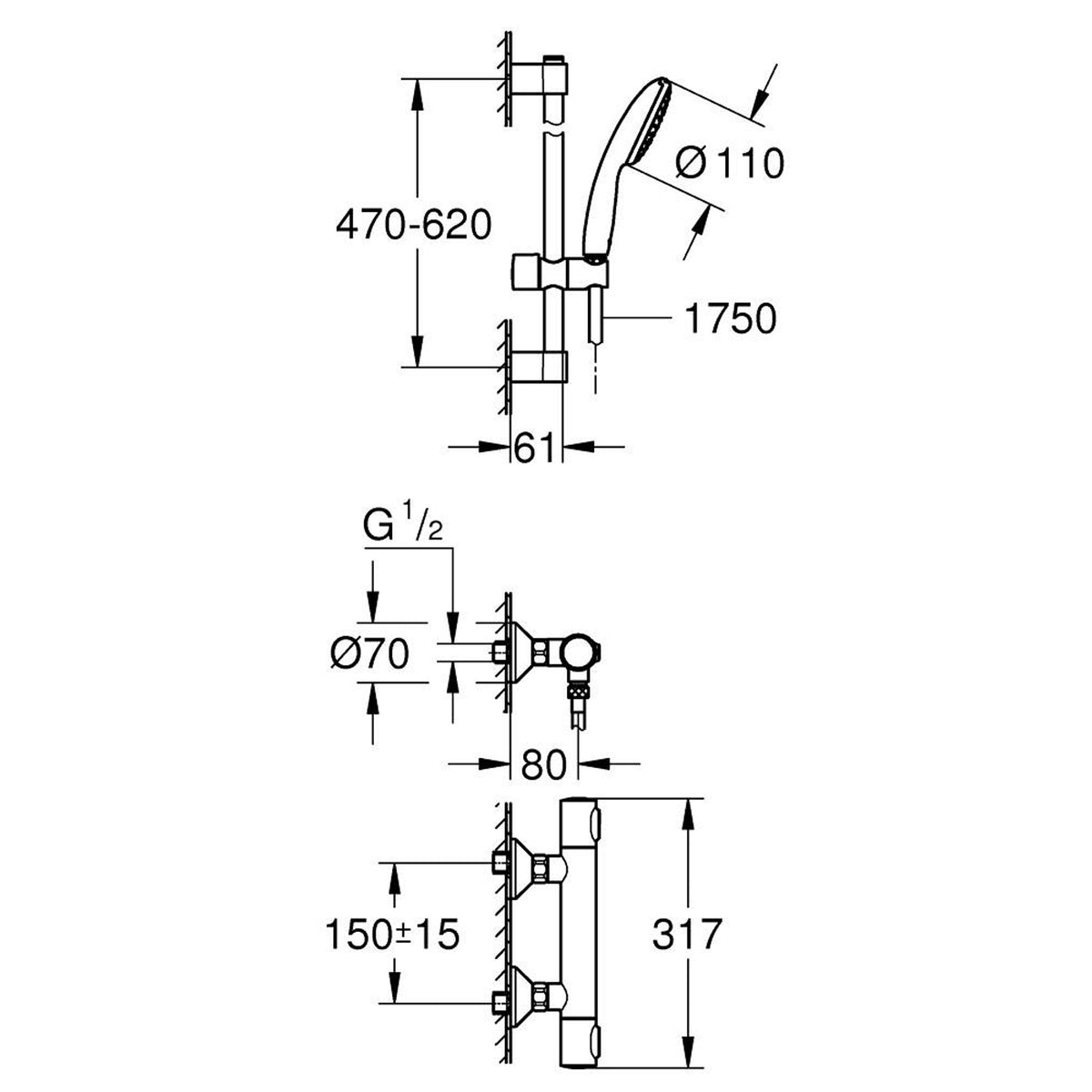 Grohe Grohtherm 500 Termostatik Duş Bataryası ve Sürgülü El Duşu Seti - Teknik Çizim