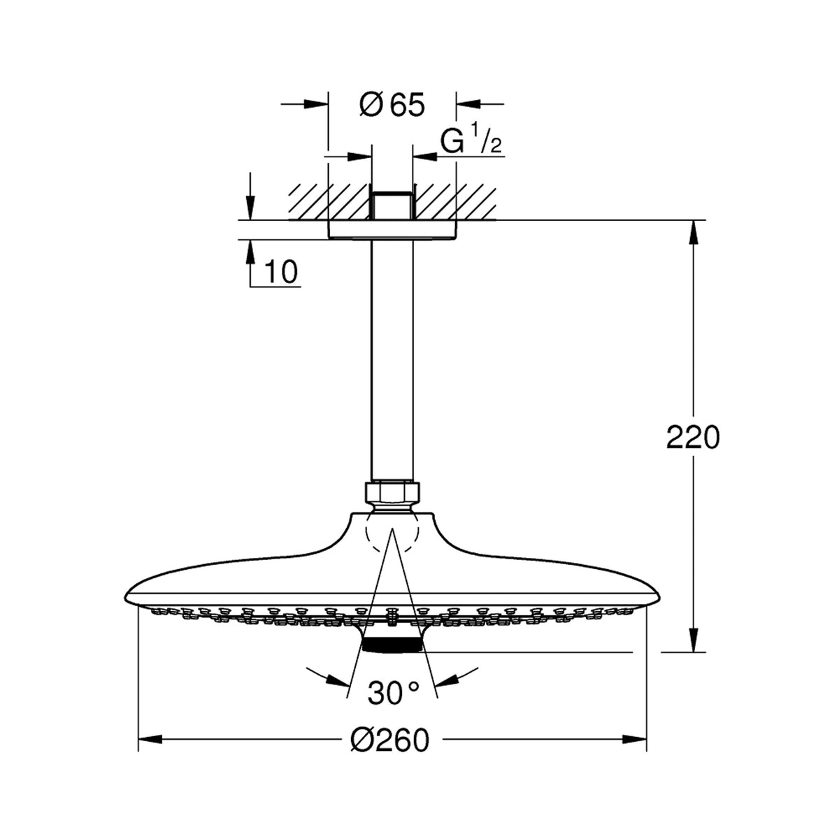 Grohe Euphoria 260 Tepe Duşu Seti 3 Akışlı, 26 cm - Teknik Çizim