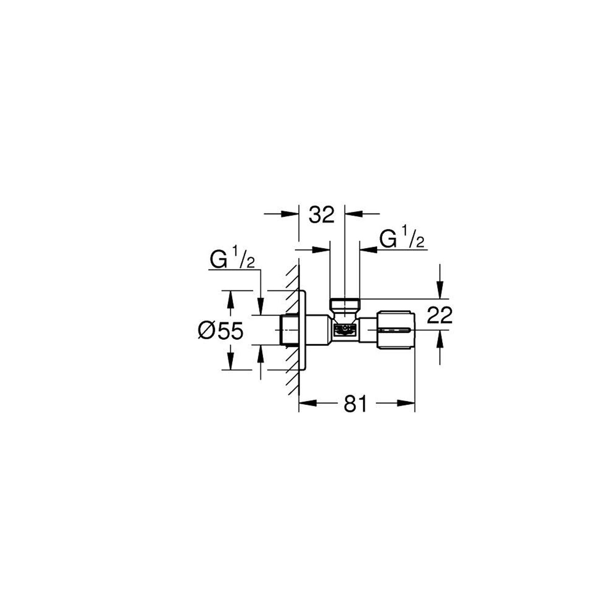 Grohe Ara Musluk (1/2 giriş, 1/2 çıkışlı), Bakır - Teknik Çizim