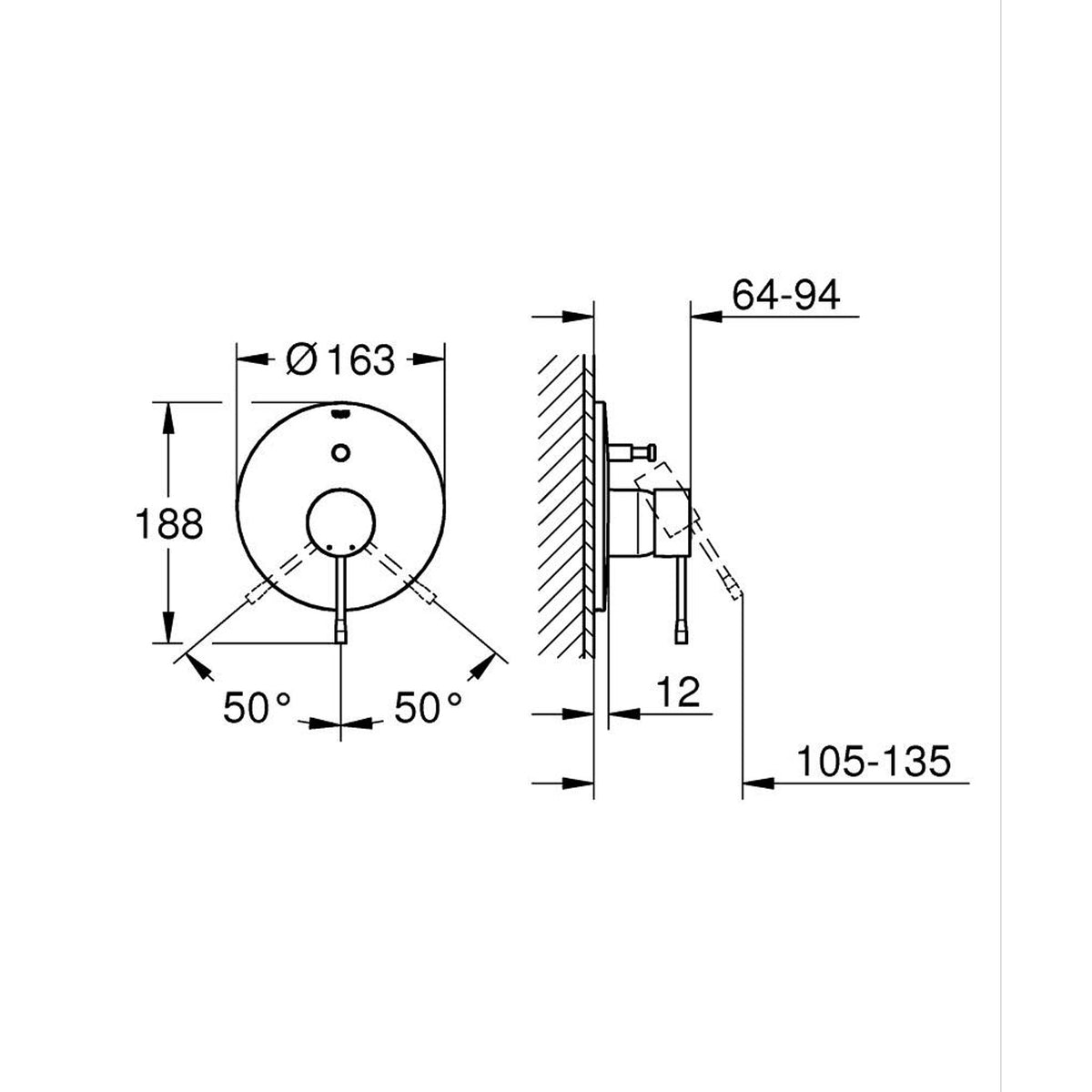 Grohe Essence New Ankastre Banyo/Duş Bataryası, Altın (Sıva Üstü Grubu) - Teknik Çizim