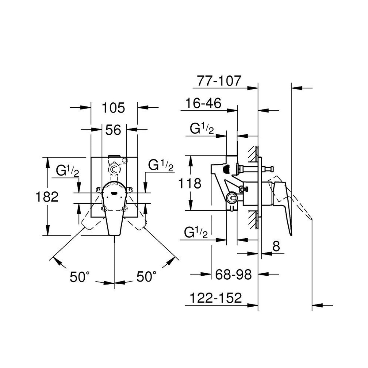 Grohe BauEdge Ankastre Banyo Bataryası - Teknik Çizim