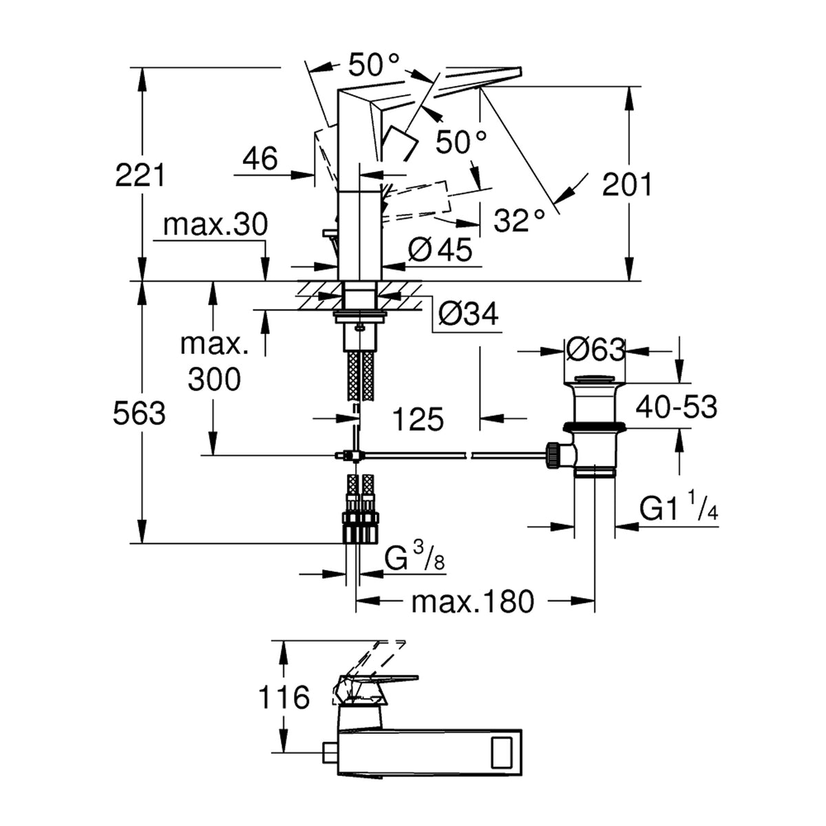 Grohe Allure Brilliant Sifon Kumandalı Lavabo Bataryası (L-Boy) - Teknik Çizim