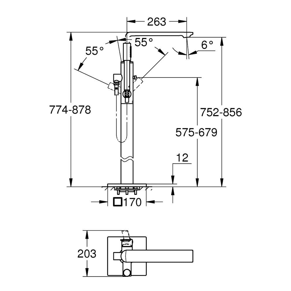Grohe Allure Ankastre Yerden Küvet Bataryası (Sıva Üstü Grubu) - Teknik Çizim