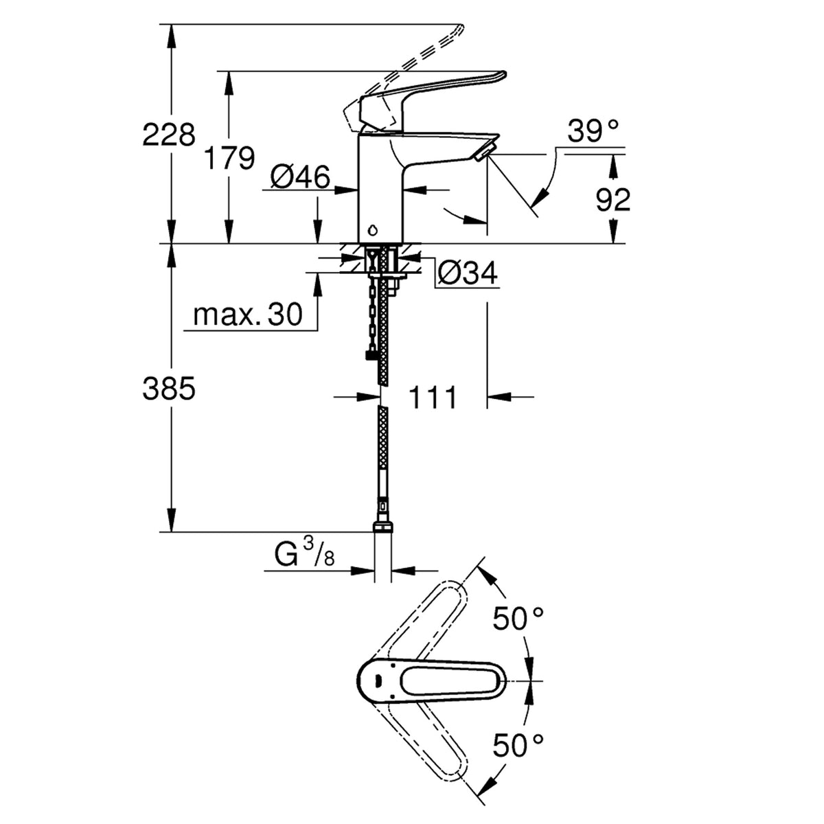 Grohe Eurosmart Termostatik Özellikli Lavabo Bataryası (S-Boy) - Teknik Çizim