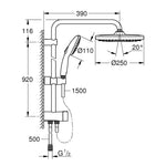 Grohe Tempesta System 250 Duvara Monte Duş Sistemi, Yön Değiştiricili, Krom-Beyaz - Teknik Çizim