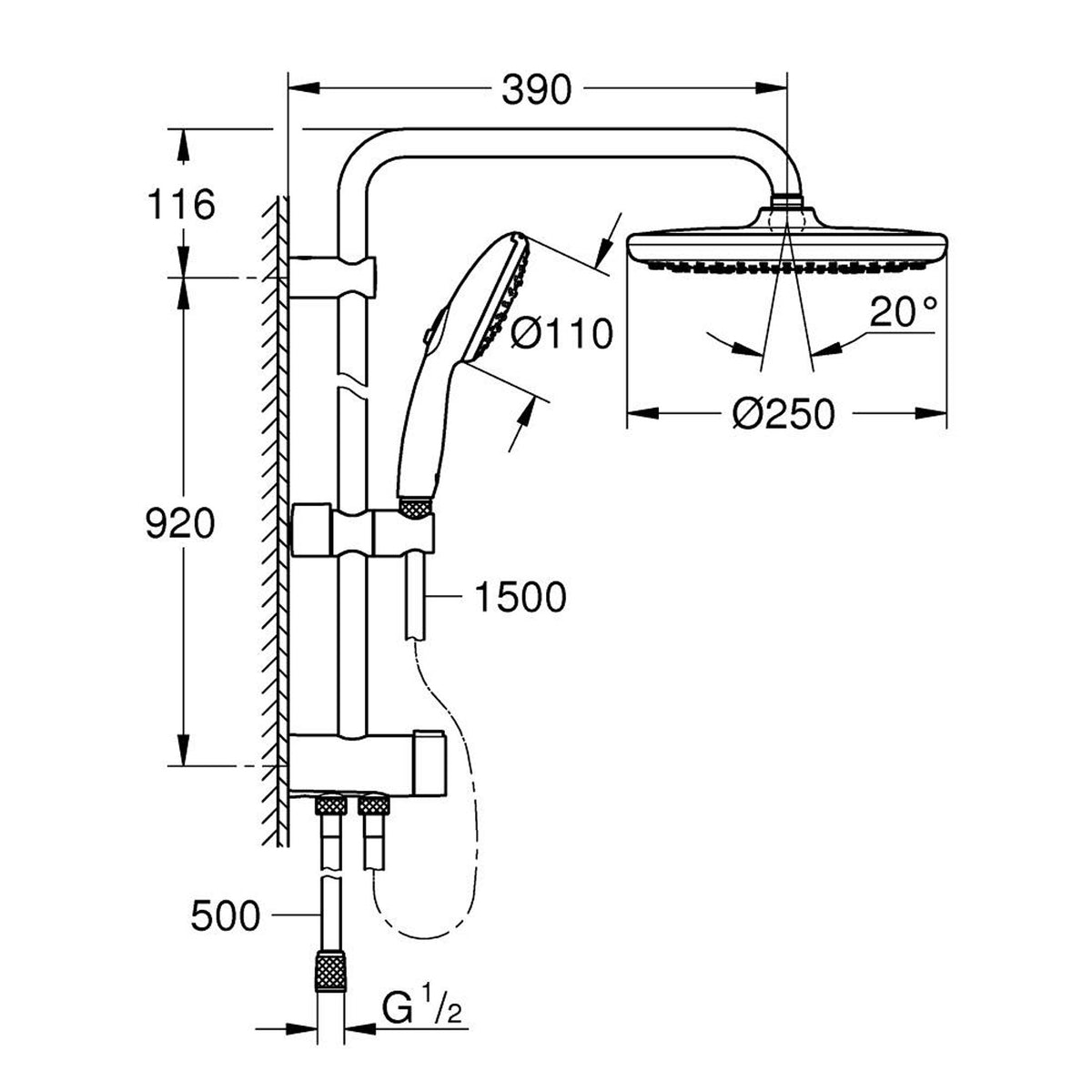 Grohe Tempesta System 250 Duvara Monte Duş Sistemi, Yön Değiştiricili, Krom-Beyaz - Teknik Çizim