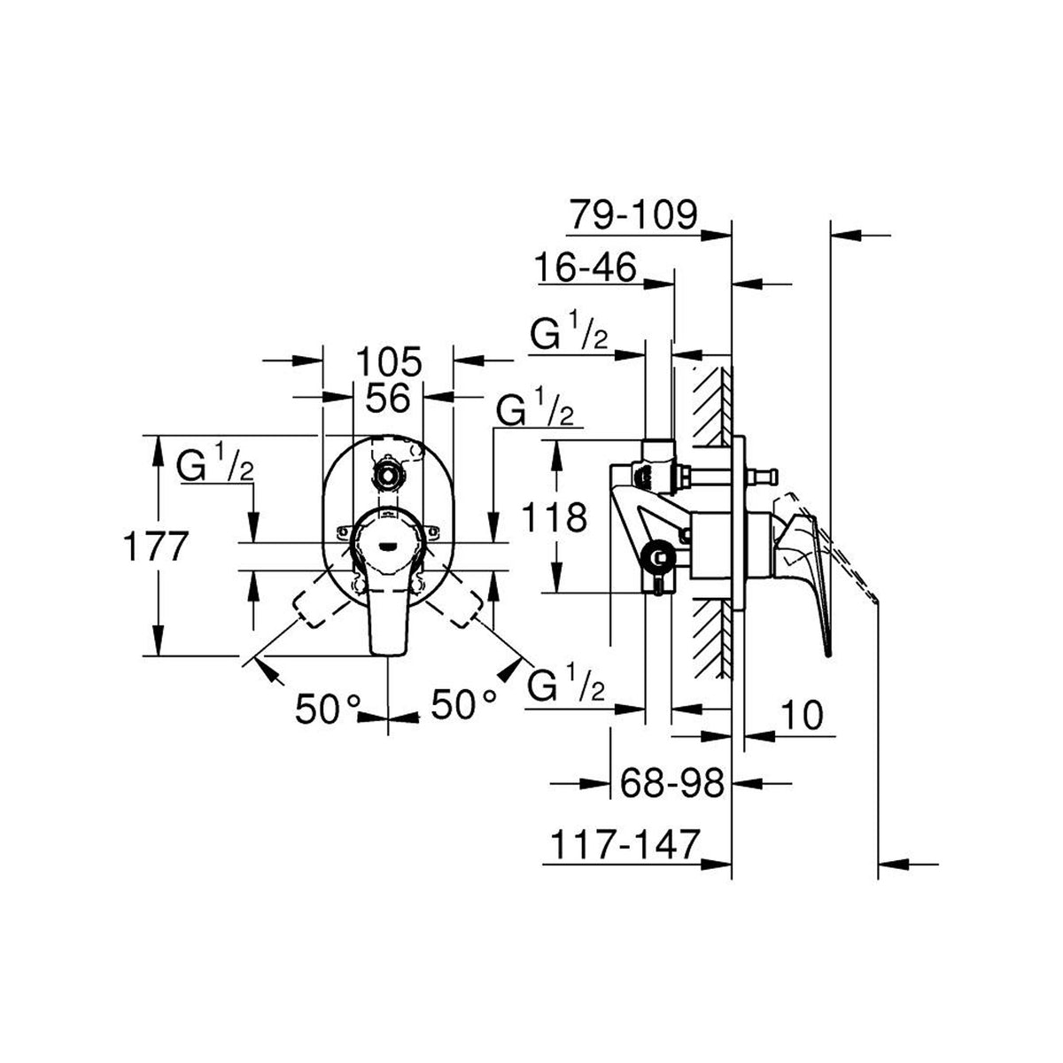 Grohe BauFlow Ankastre Banyo/Duş Bataryası - Teknik Çizim