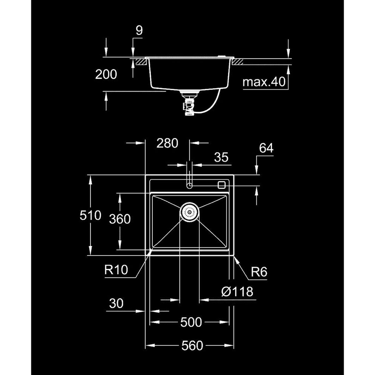Grohe K700 Kompozit Tek Gözlü Eviye, Granit Siyah - Teknik Çizim