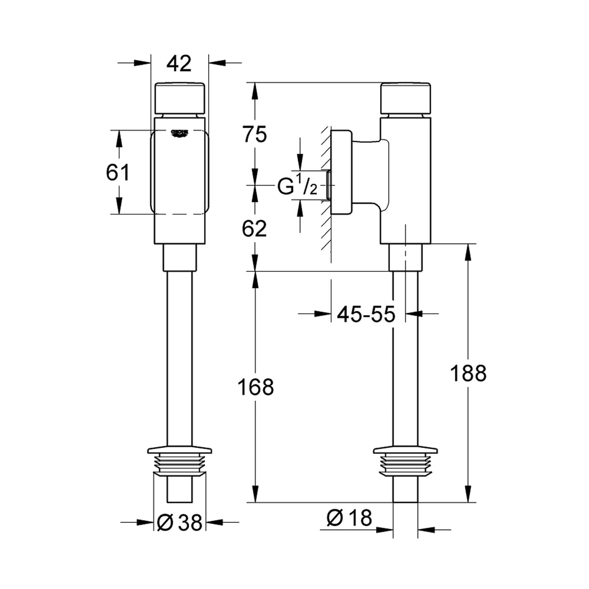 Grohe Rondo Basmalı Mekanik Pisuvar Yıkama Sistemi, Üstten Girişli - Teknik Çizim
