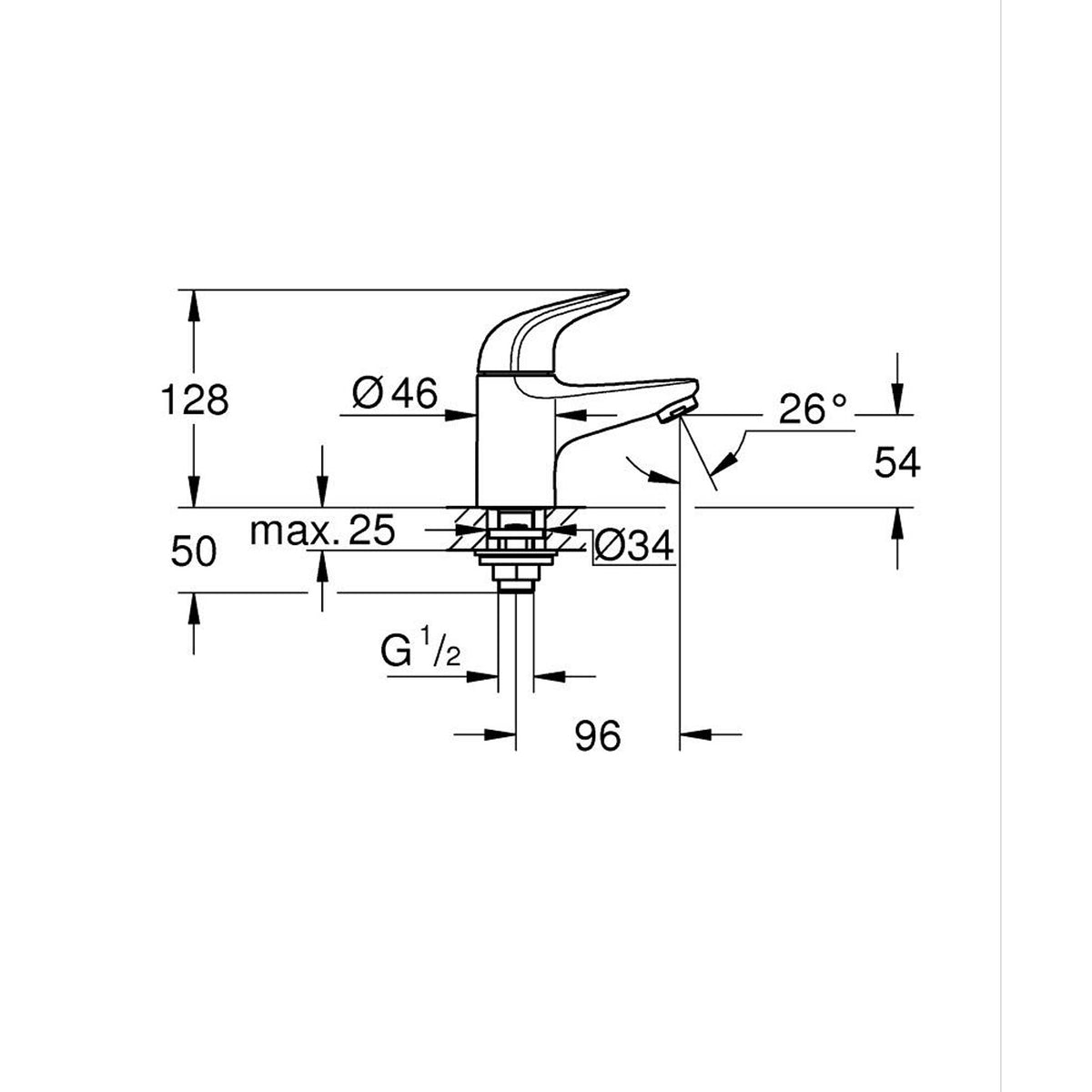 Grohe Euroeco Lavabo Bataryası, XS-Boy - Teknik Çizim