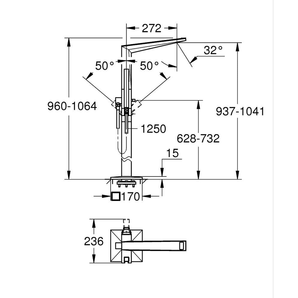 Grohe Allure Brilliant Private Collection Yerden Küvet Bataryası, Paslanmaz Çelik - Teknik Çizim