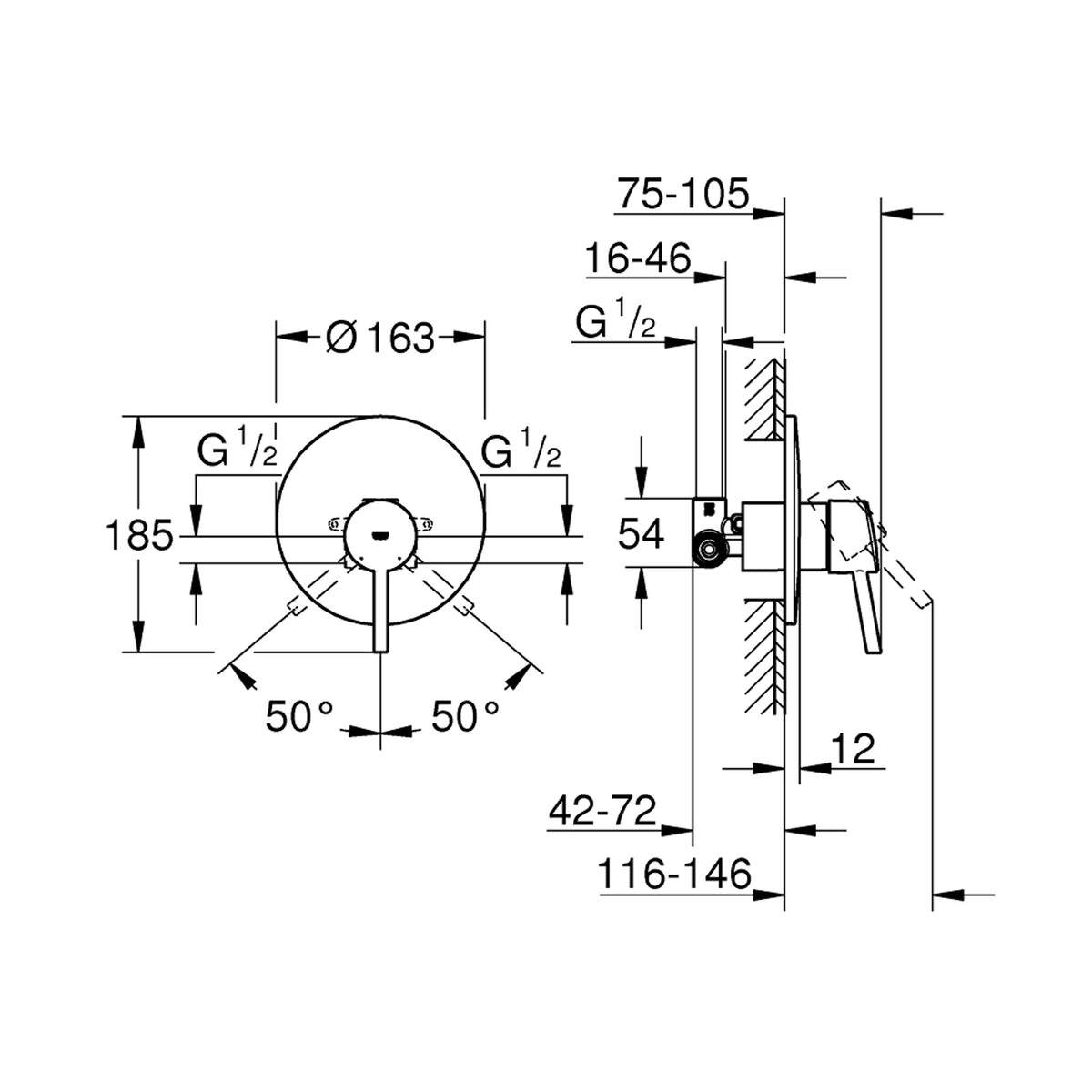 Grohe Concetto Ankastre Duş Bataryası (Sıva Üstü Grubu) - Teknik Çizim