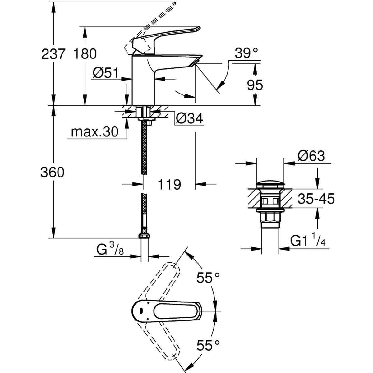 Grohe Eurosmart Lavabo Bataryası (S-Boy) - Teknik Çizim