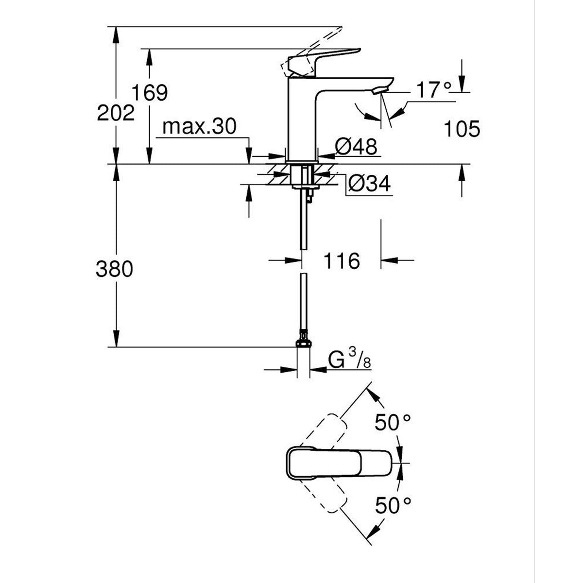 Grohe Cubeo Lavabo Bataryası, M-Boy - Teknik Çizim