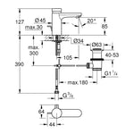 Grohe Eurosmart Cosmopolitan T Çift Su Girişli, Sıcaklık Sınırlayıcılı, Zaman Ayarlı Lavabo Bataryası, Sifon Kumandalı - Teknik Çizim