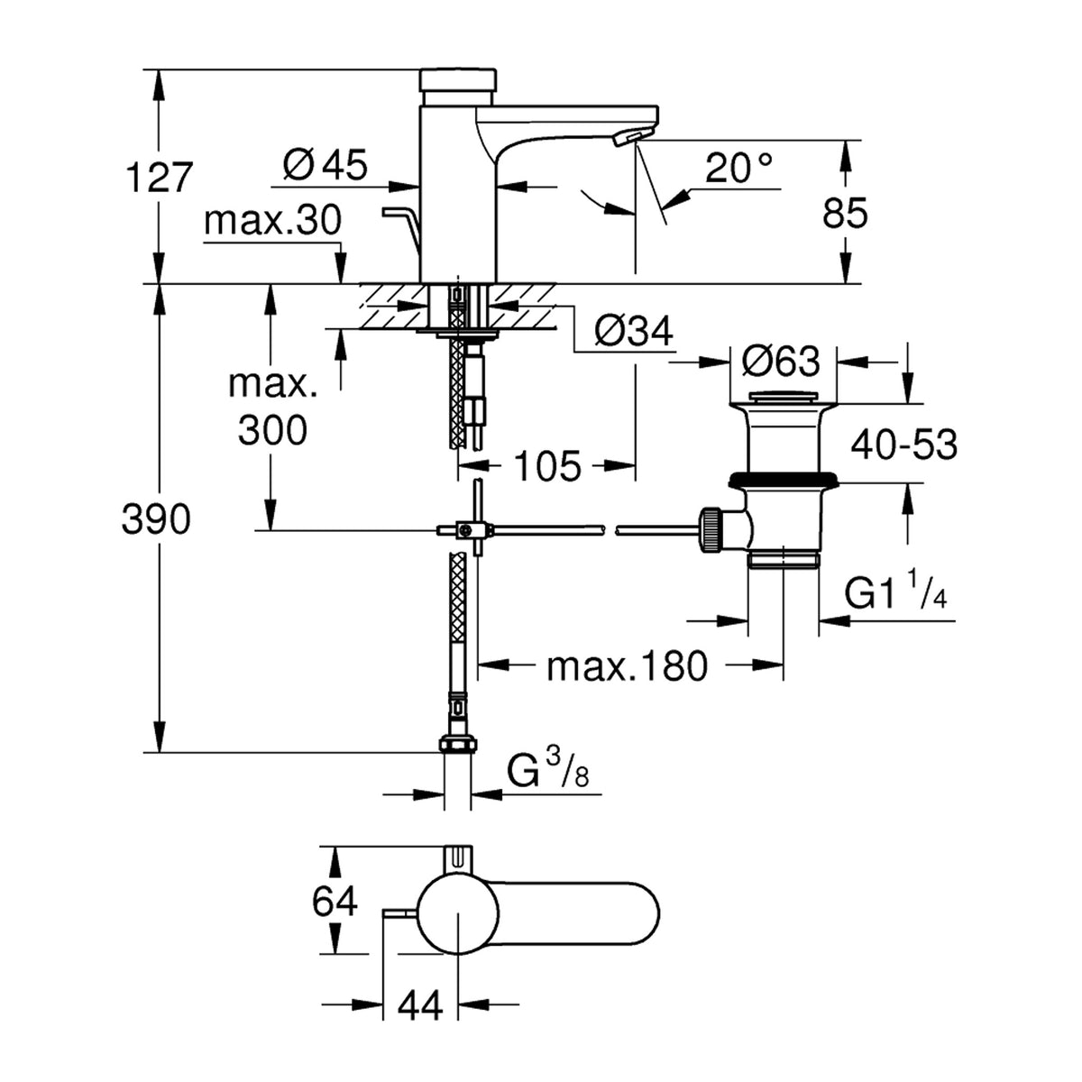 Grohe Eurosmart Cosmopolitan T Çift Su Girişli, Sıcaklık Sınırlayıcılı, Zaman Ayarlı Lavabo Bataryası, Sifon Kumandalı - Teknik Çizim