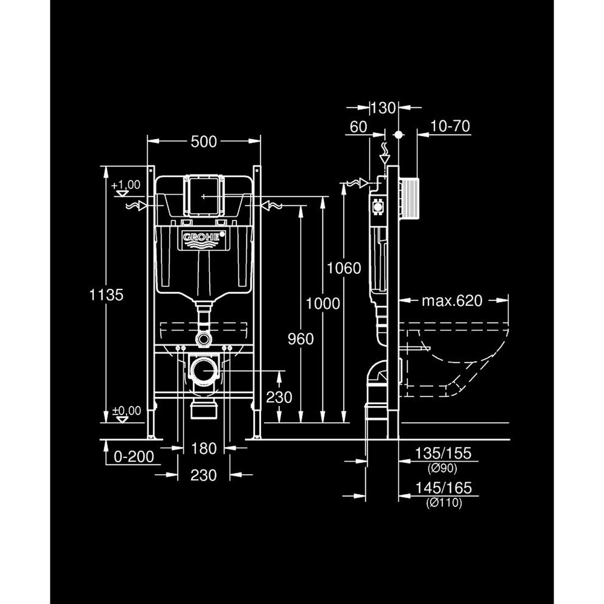 Grohe Rapid SL Project Gömme Rezervuar, (1.13 m montaj yüksekliği) - Teknik Çizim