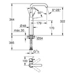 Grohe Essence Tezgah Üstü Lavabo Bataryası, Paslanmaz Çelik - Teknik Çizim