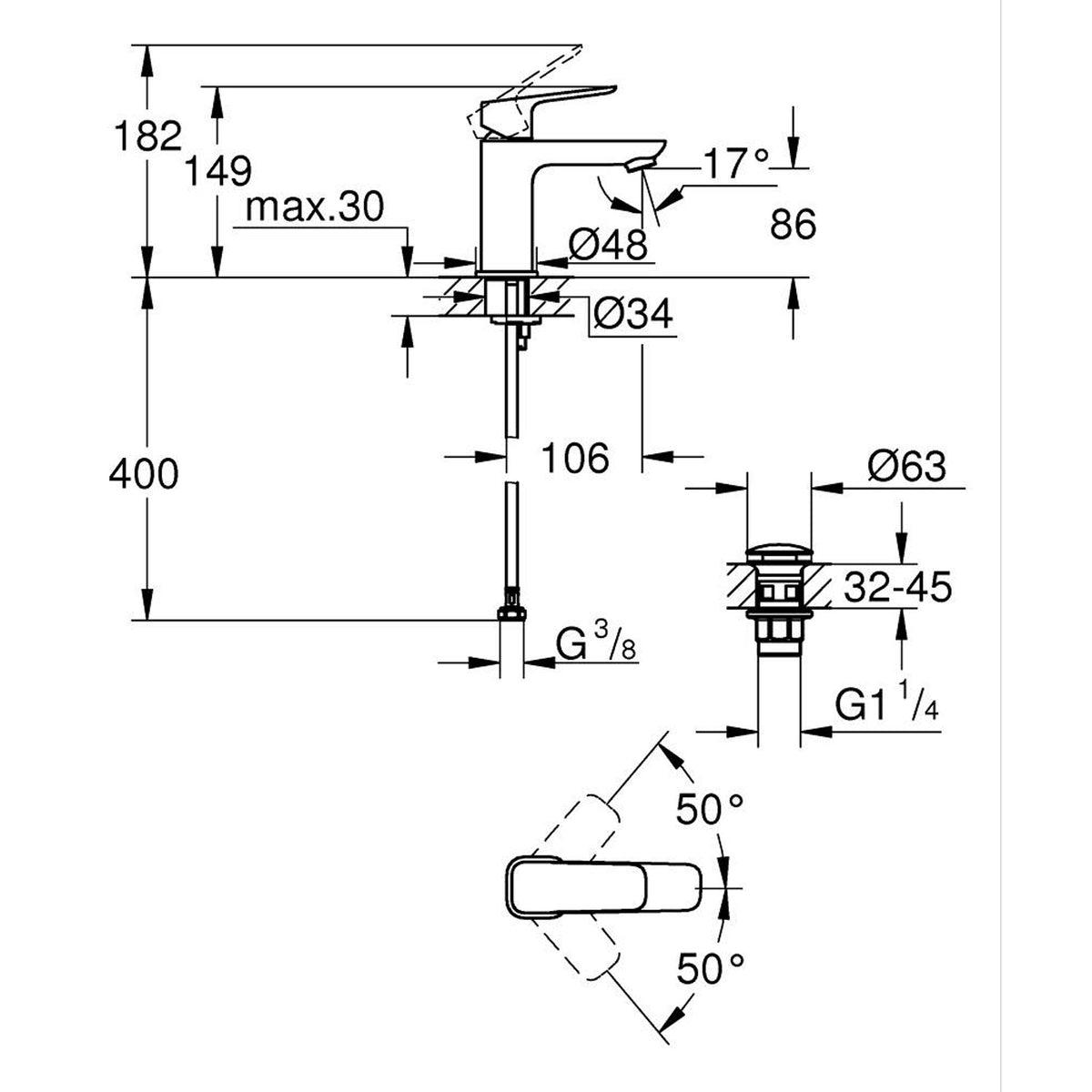Grohe Cubeo Lavabo Bataryası, S-Boy - Teknik Çizim