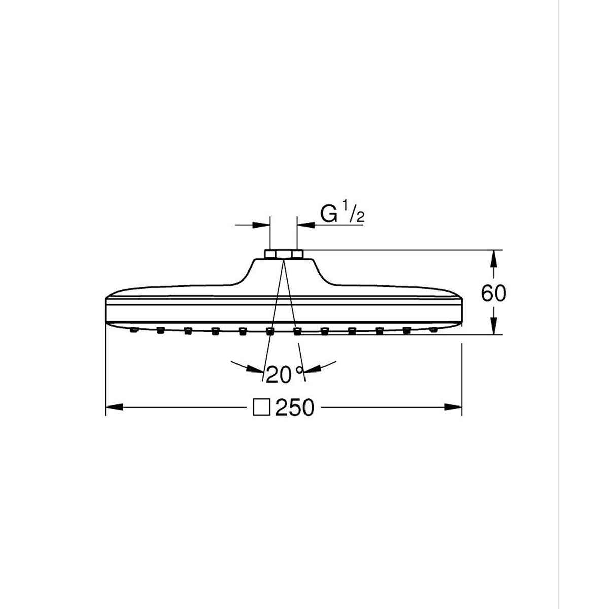 Grohe Tempesta 250 Kare Tepe Duşu Tek Akışlı, 25 cm, Krom-Beyaz - Teknik Çizim
