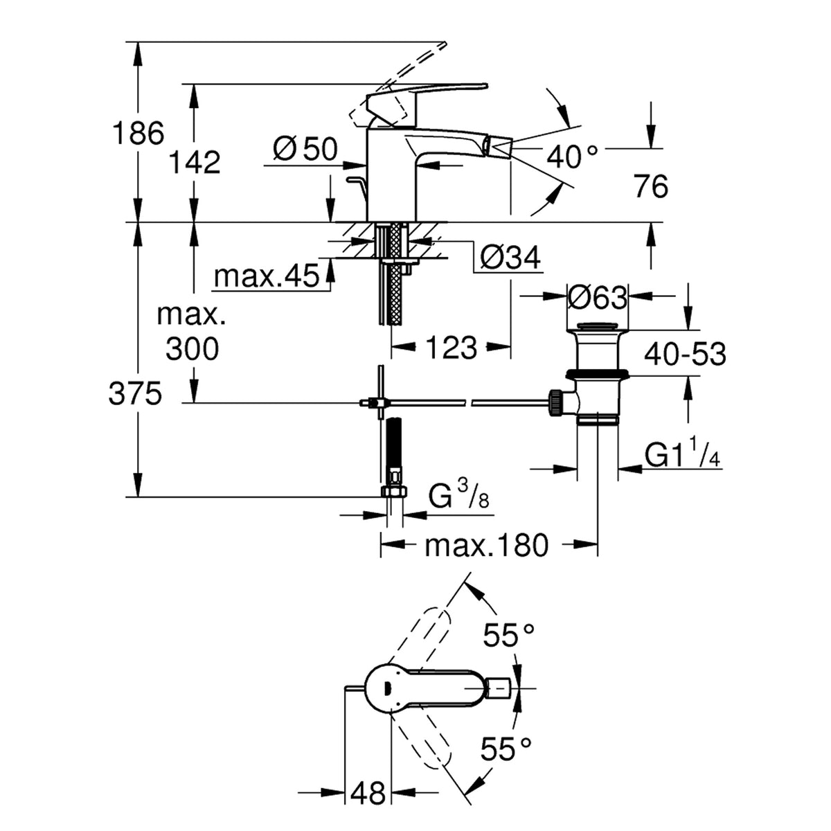 Grohe Eurostyle Cosmopolitan Sifon Kumandalı Bide Bataryası, S-Boy - Teknik Çizim