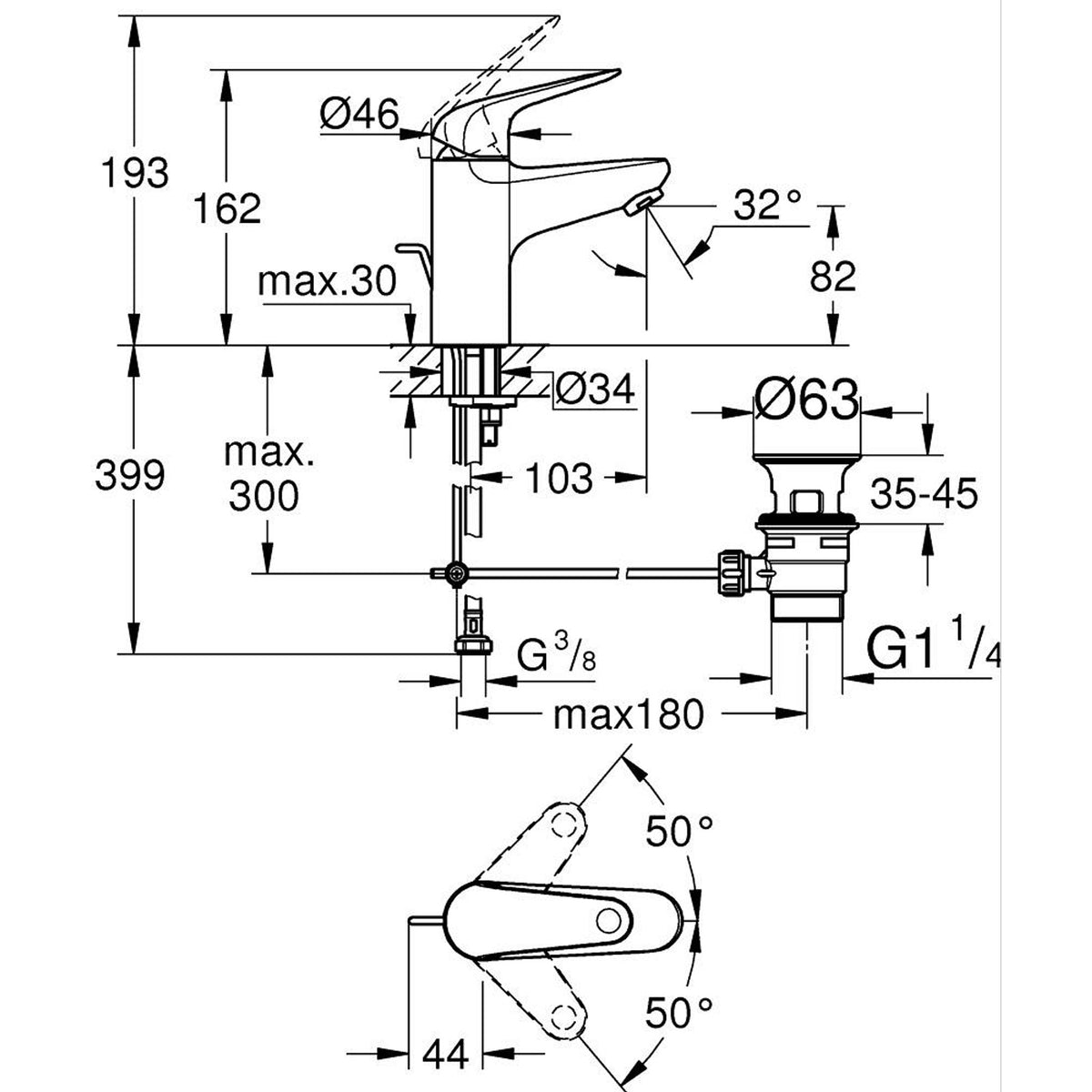 Grohe Euroeco Lavabo Bataryası, Sifon Kumandalı, S-Boy - Teknik Çizim