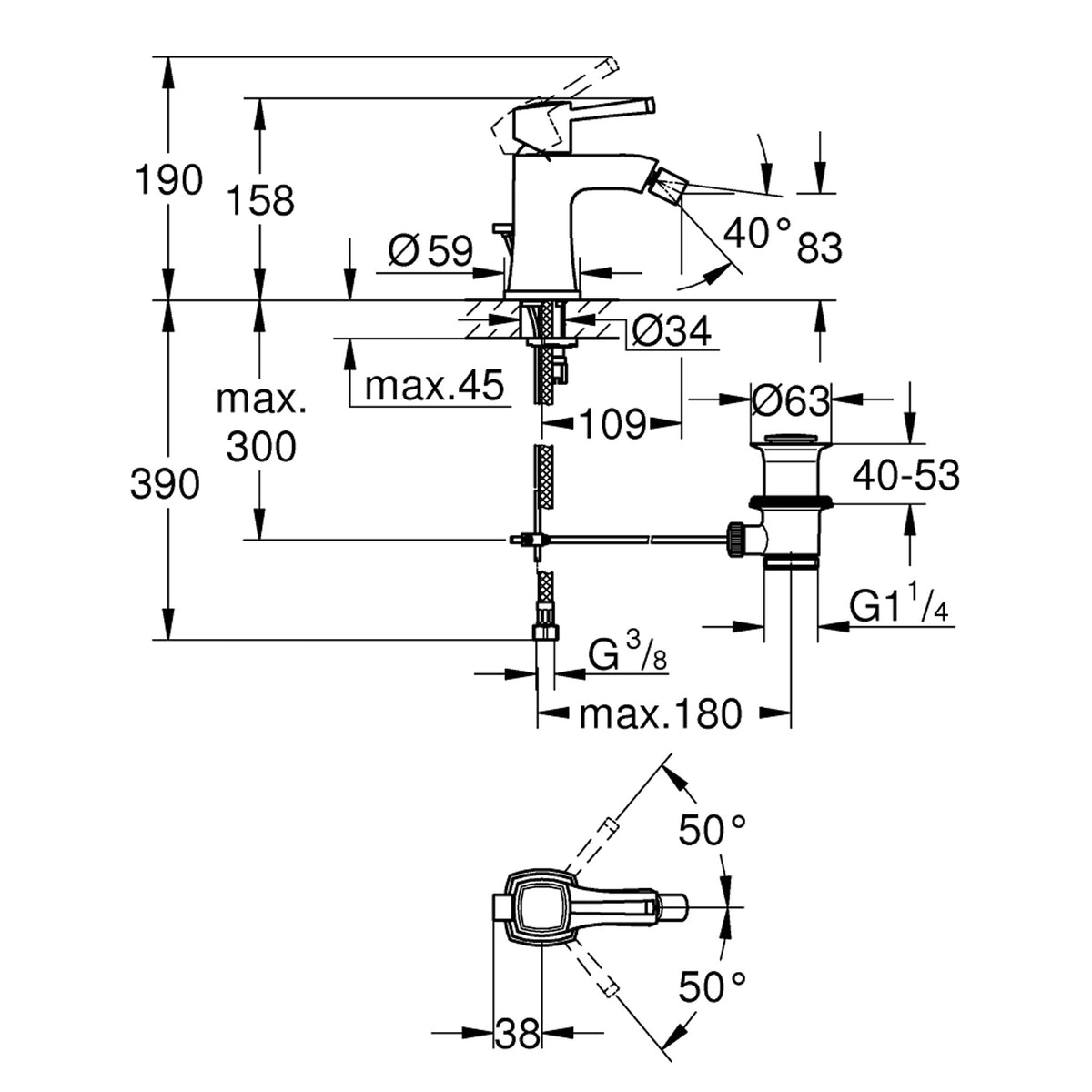 Grohe Grandera Sifon Kumandalı Bide Bataryası (M-Boy) - Teknik Çizim