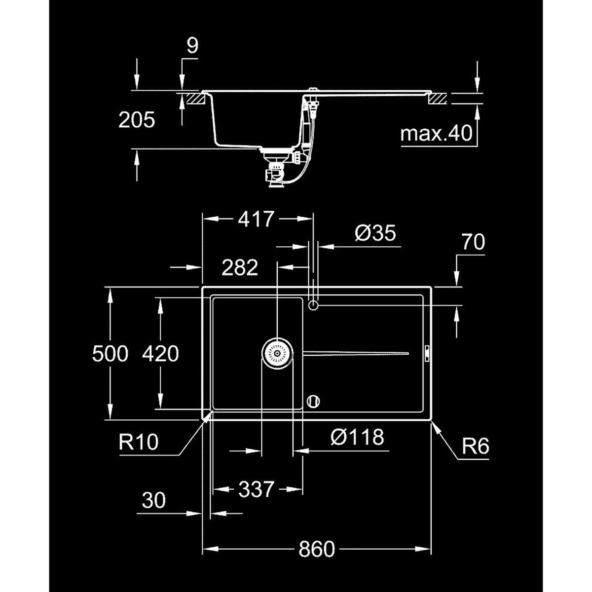 Grohe K400 Kompozit Damlalıklı 1 Gözlü Eviye, Granit Siyah - Teknik Çizim