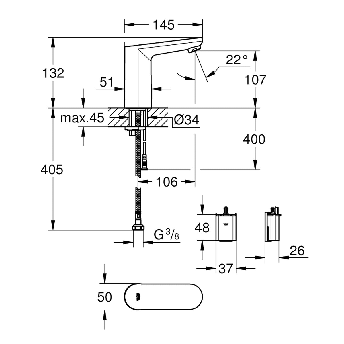 Grohe Eurosmart Cosmopolitan E Fotoselli Lavabo Bataryası (Çift Su Girişli, Pilli) - Teknik Çizim
