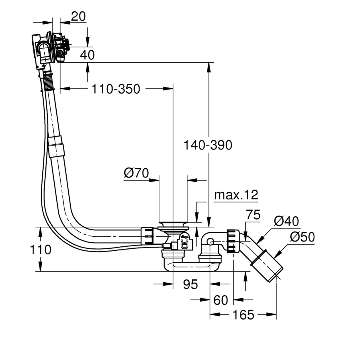 Grohe Talentofill Doldurmalı Kumandalı Küvet Tropleni - Teknik Çizim