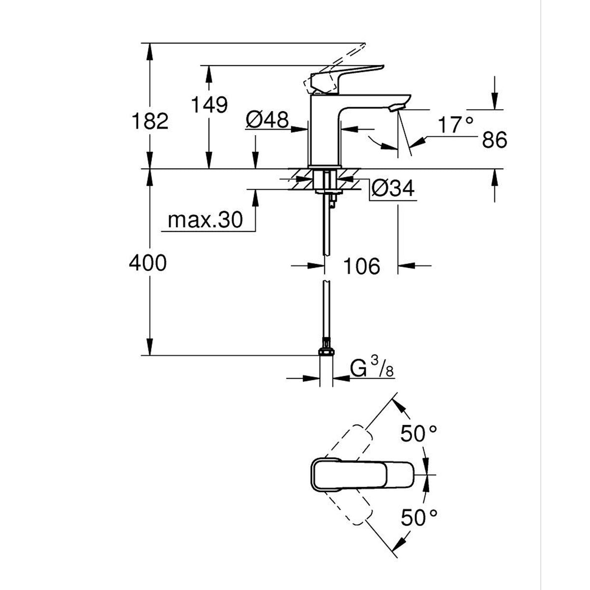 Grohe Cubeo Lavabo Bataryası, S-Boy - Teknik Çizim