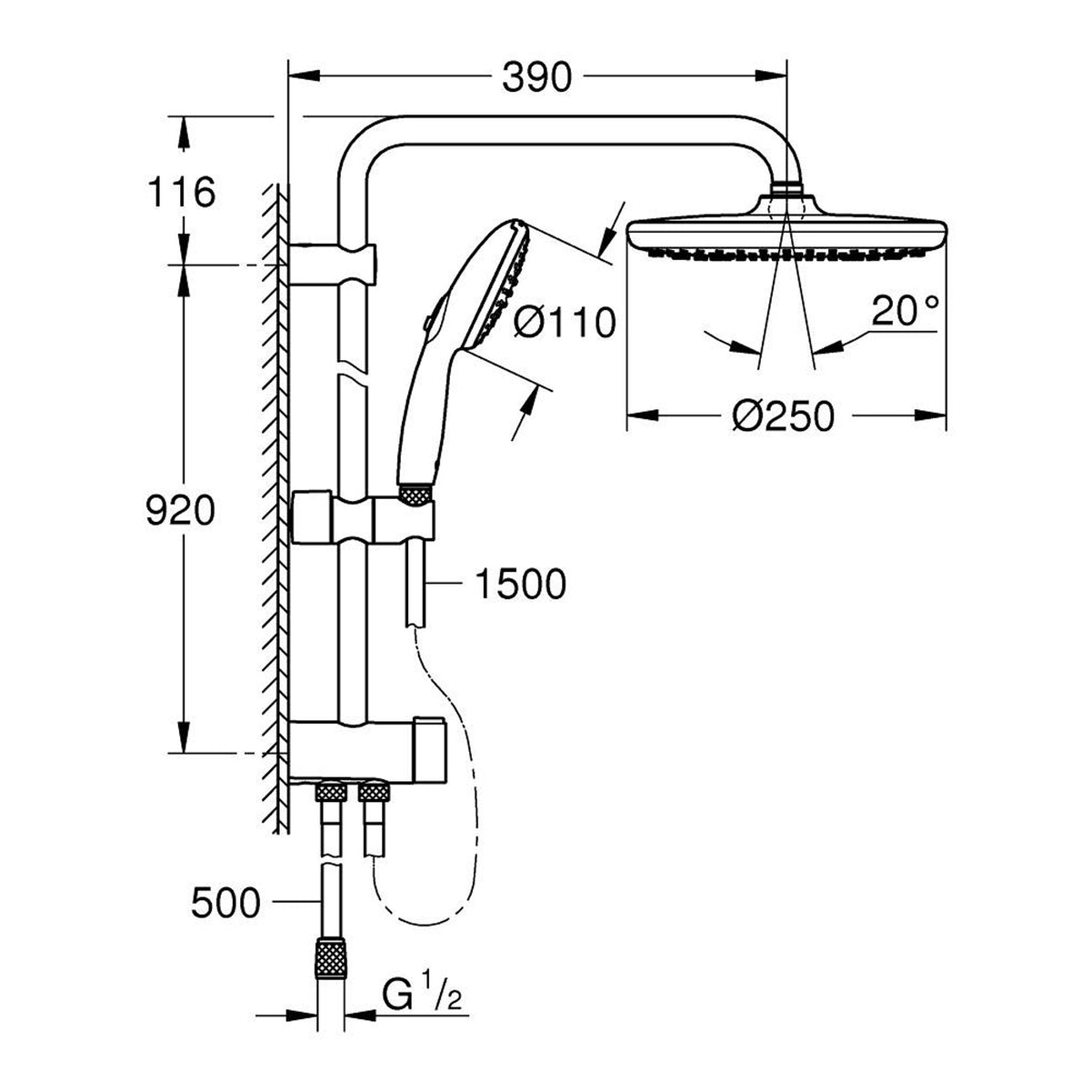 Grohe Tempesta System 250 Duvara Monte Duş Sistemi, Yön Değiştiricili, Mat Siyah - Teknik Çizim