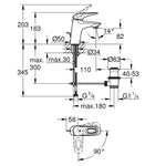 Grohe Eurostyle Lavabo Bataryası, Sifon Kumandalı, Ay Beyazı-Krom - Teknik Çizim