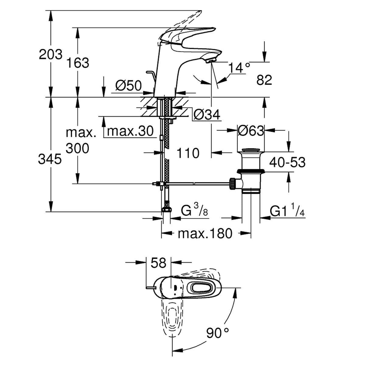 Grohe Eurostyle Lavabo Bataryası, Sifon Kumandalı, Ay Beyazı-Krom - Teknik Çizim