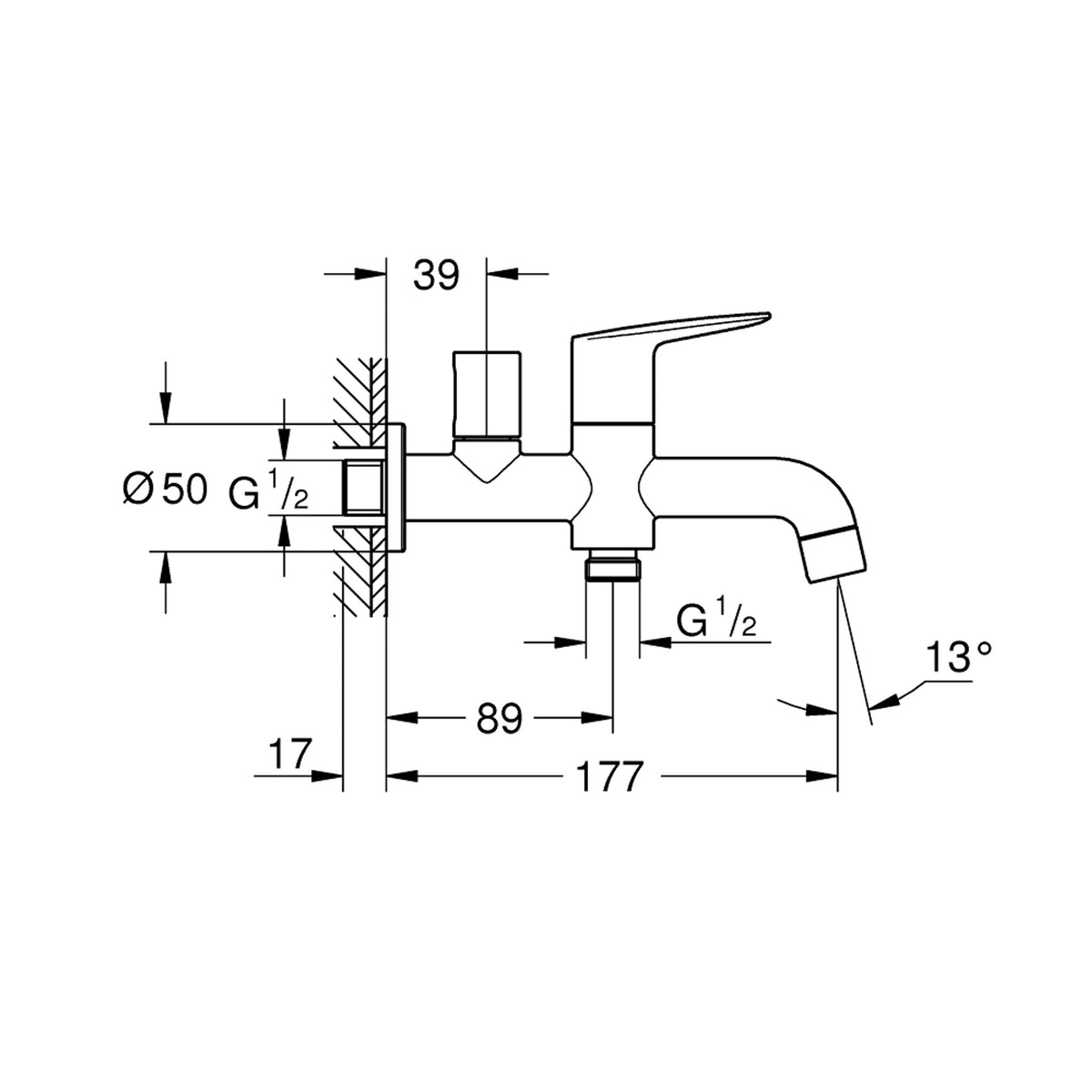 Grohe BauEdge El Duşu Çıkışlı Musluk - Teknik Çizim