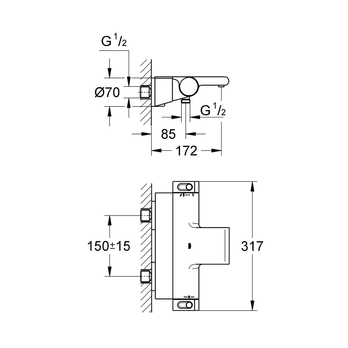 Grohe Grohtherm Termostatik 2000 New Banyo Bataryası - Teknik Çizim