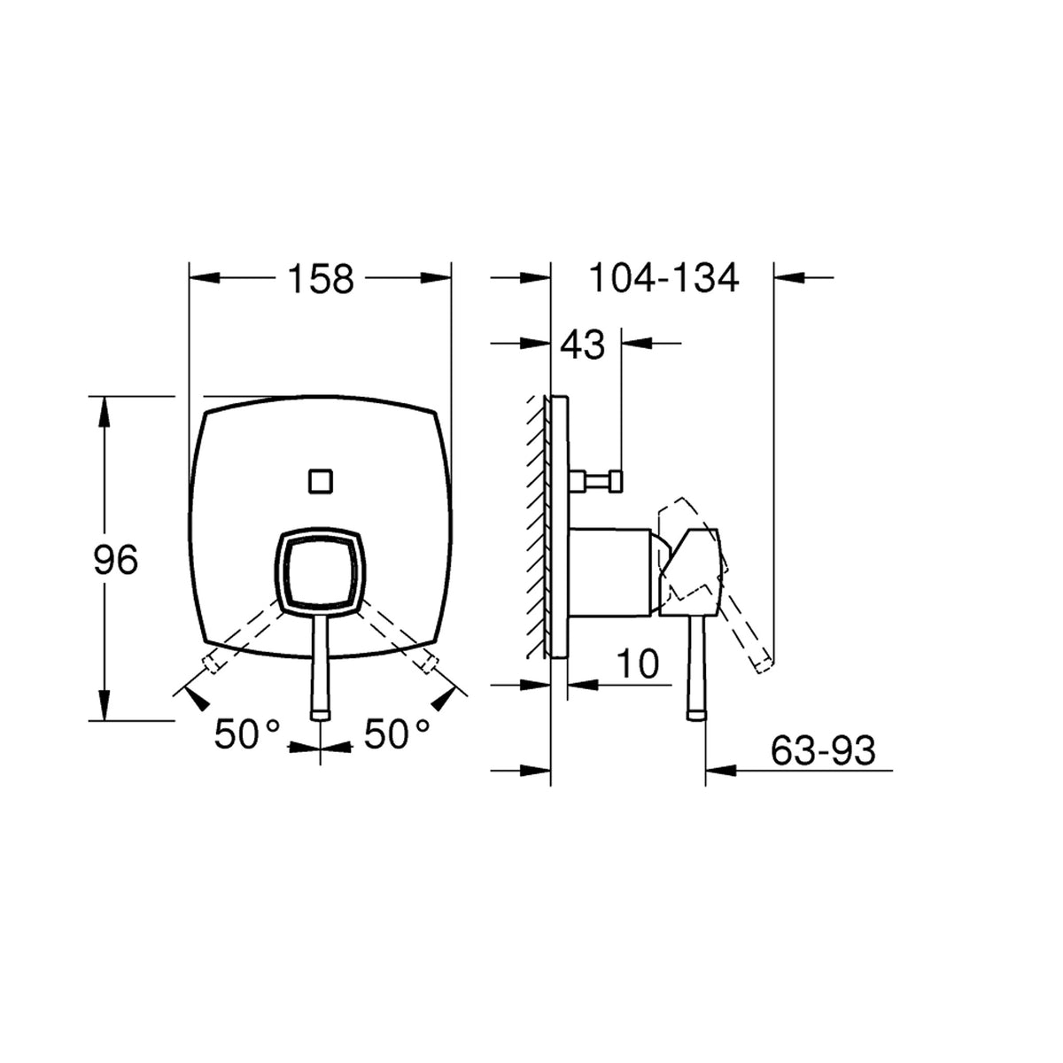 Grohe Grandera Ankastre Banyo/Duş Bataryası (Sıva Üstü Grubu), 2 Yollu, Krom-Altın - Teknik Çizim