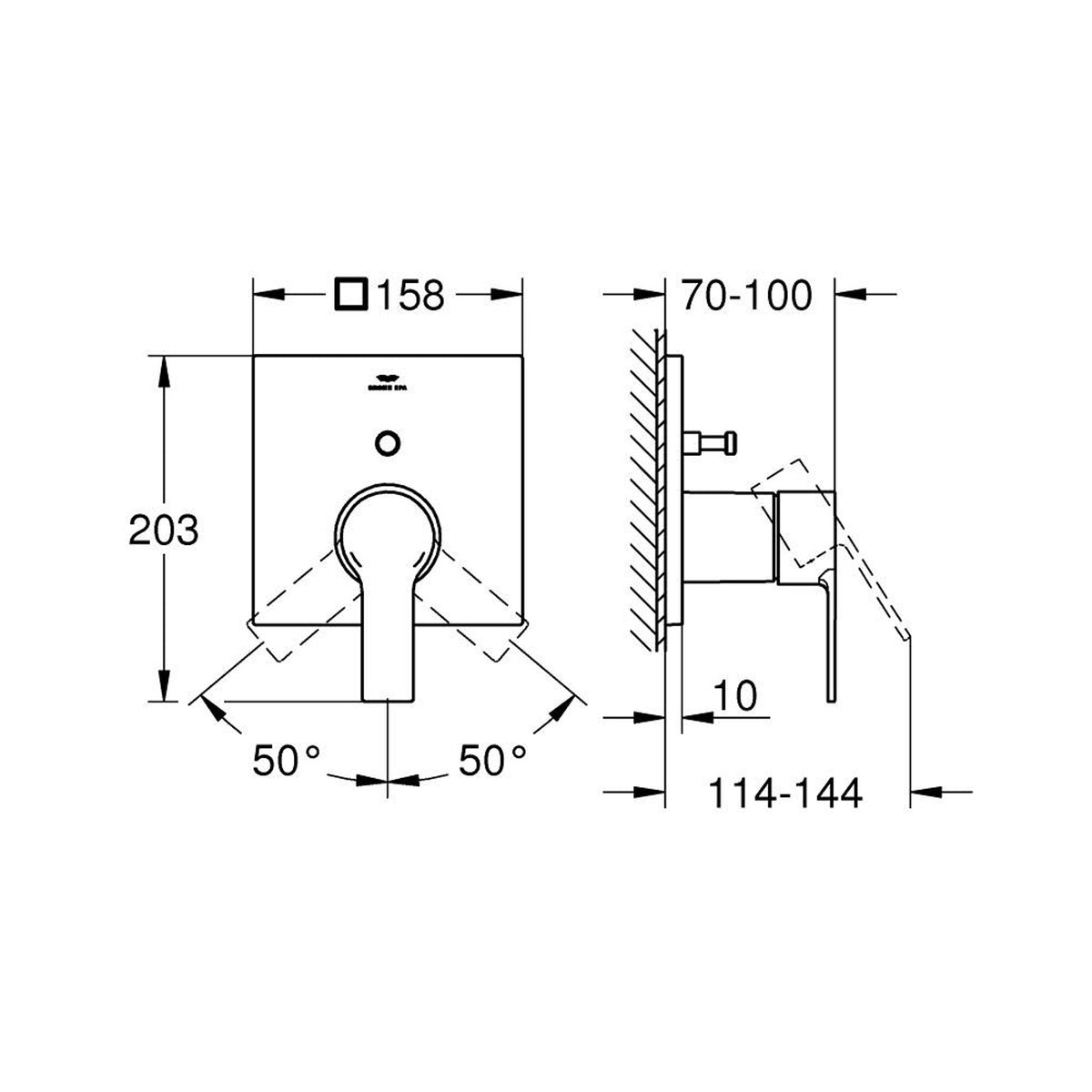 Grohe Allure Ankastre Banyo/Duş Bataryası, Paslanmaz Çelik (Sıva Üstü Grubu) - Teknik Çizim