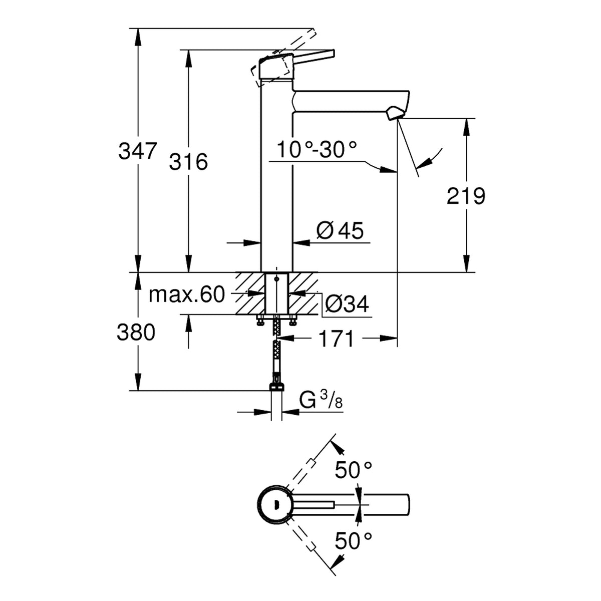Grohe Concetto Tezgah Üstü Lavabo Bataryası - Teknik Çizim