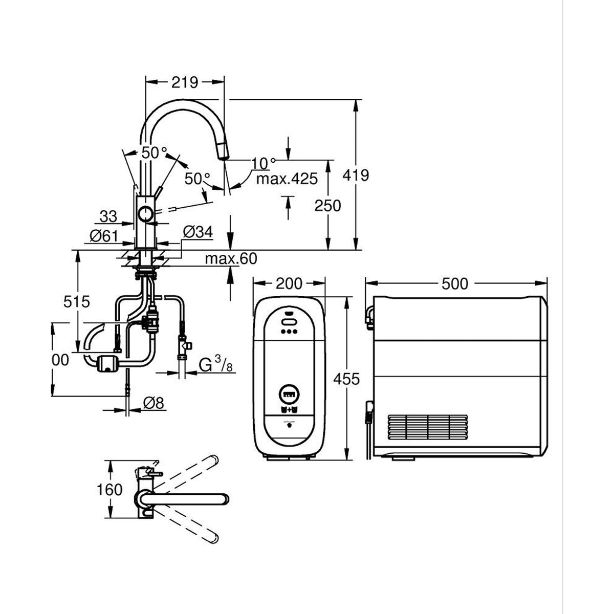 Grohe Blue Home Arıtmalı İçme Suyu ve Soda Yapan Spiralli Eviye Bataryası, Kadife Siyah - Teknik Çizim
