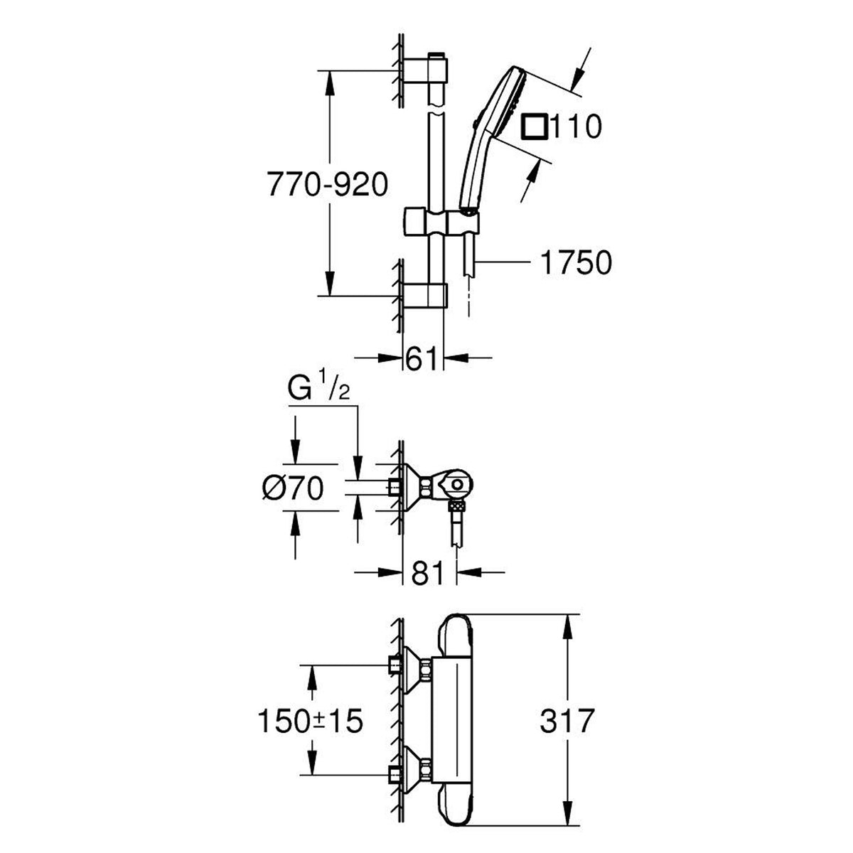 Grohe Grohtherm 1000 Termostatik Duş Bataryası ve Sürgülü El Duşu Seti - Teknik Çizim