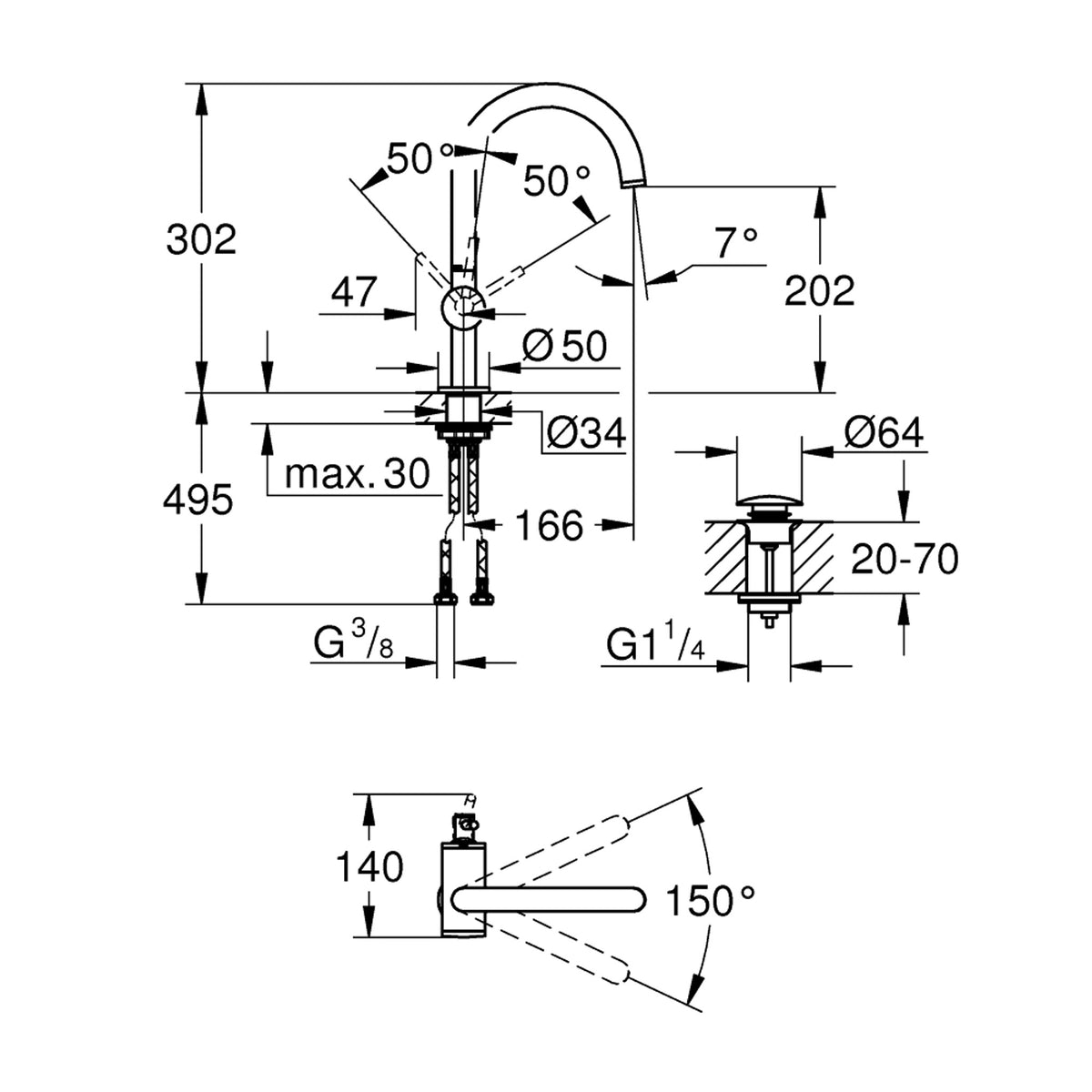 Grohe Atrio Yüksek Lavabo Bataryası (L-Boy), Fırçalı Sert Grafit - Teknik Çizim