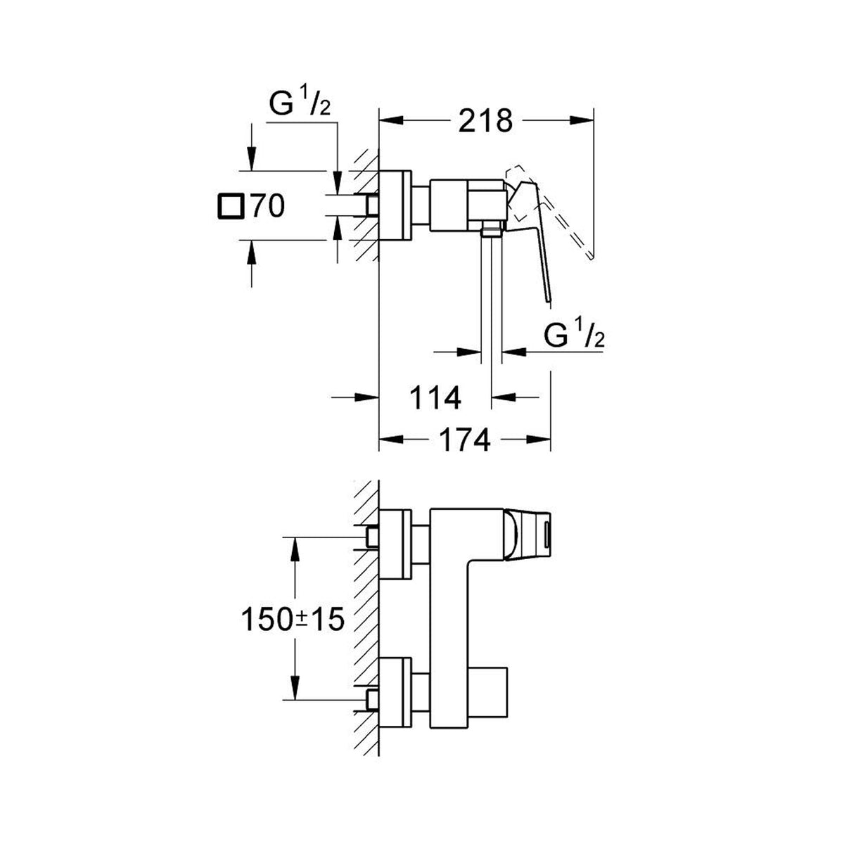 Grohe Eurocube Duş Bataryası, Fırçalı Sert Grafit - Teknik Çizim